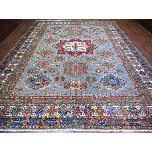 Kazak Wool Hand Knotted Rug Grey Ivory 11.5X13.9 -O074550