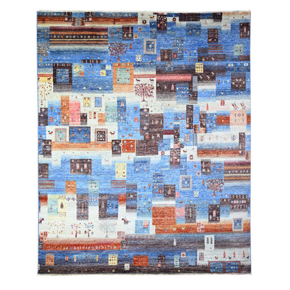 Tribal & Geometric Wool Hand Knotted Rug Blue No Border 8.0X9.7 -O074569