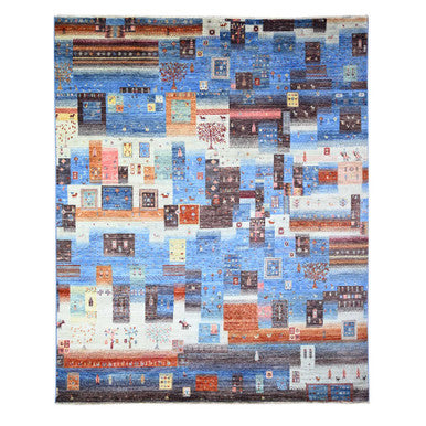 Tribal & Geometric Wool Hand Knotted Rug Blue No Border 8.0X9.7 -O074569