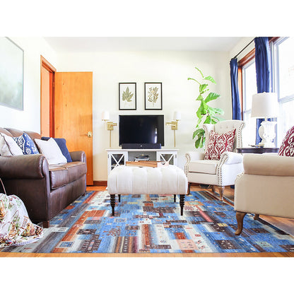 Tribal & Geometric Wool Hand Knotted Rug Blue No Border 8.0X9.7 -O074569