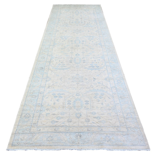 Oushak And Peshawar Wool Hand Knotted Rug Ivory Uranian Blue 4.1X12.0 -O074578