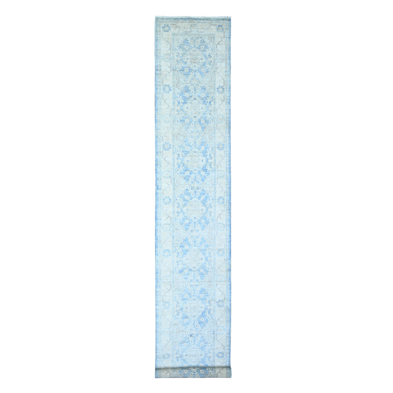 Blue 2'6" x 16'2" Oushak And Peshawar Hand knotted Wool Rug - Sku: O074584