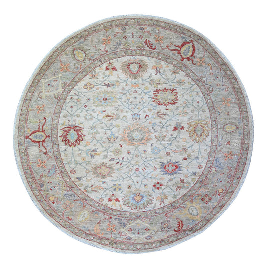 Oushak And Peshawar Wool Hand Knotted Rug Ivory Gray 7.10X7.11 -O074596