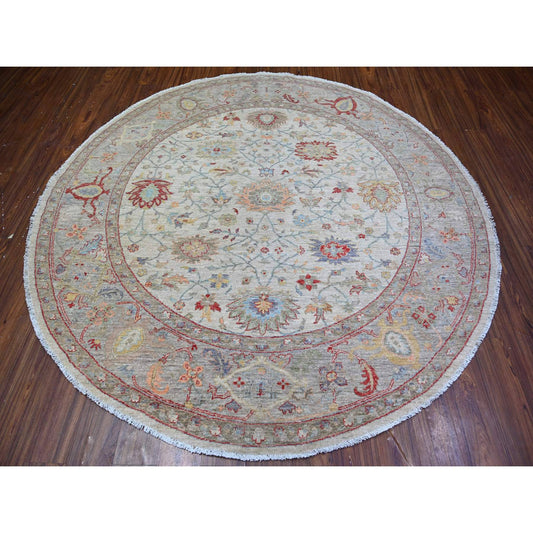 Oushak And Peshawar Wool Hand Knotted Rug Ivory Gray 7.10X7.11 -O074596