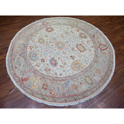 Oushak And Peshawar Wool Hand Knotted Rug Ivory Gray 7.10X7.11 -O074596