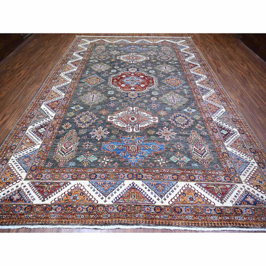 Kazak Wool Hand Knotted Rug Grey Ivory 9.1X12.11 -O074622