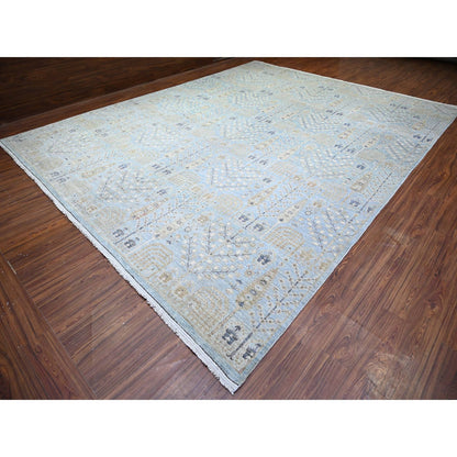 Tribal & Geometric Wool Hand Knotted Rug Blue No Border 11.9X15.0 -O074627