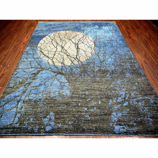 Modern and Contemporary Wool Hand Knotted Rug Blue No Border 7.10X10.0 -O074631