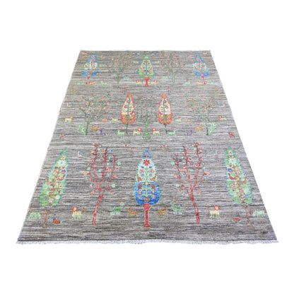 Oushak And Peshawar Wool Hand Knotted Rug Grey Blue 5.0X6.8 -O074646