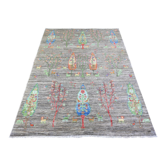 Oushak And Peshawar Wool Hand Knotted Rug Grey Blue 5.0X6.8 -O074646