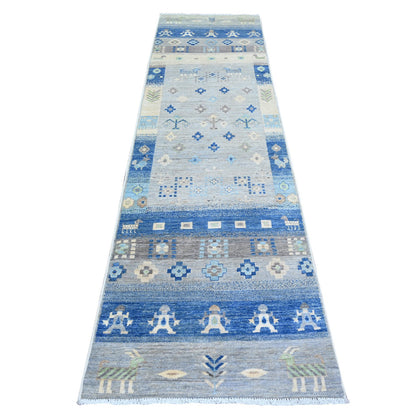 Tribal & Geometric Wool Hand Knotted Rug Grey Royal Blue 2.9X9.11 -O074689