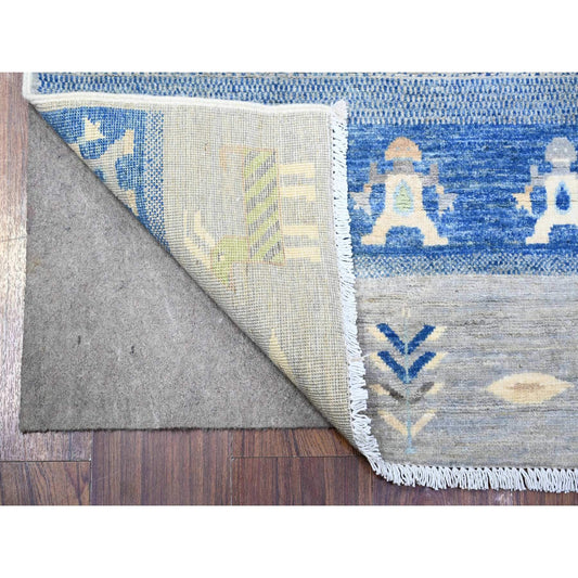 Tribal & Geometric Wool Hand Knotted Rug Grey Royal Blue 2.9X9.11 -O074689