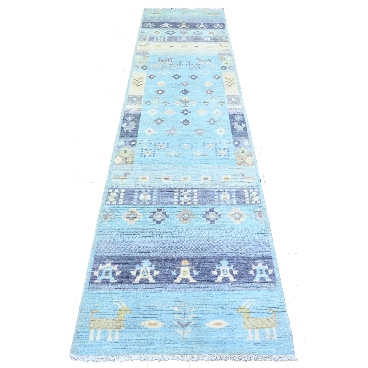 Blue 2'8" x 10'11" Tribal & Geometric Hand knotted Wool Rug - Sku: O074690