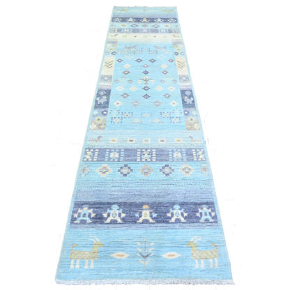Tribal & Geometric Wool Hand Knotted Rug Blue Light Blue 2.8X10.11 -O074690