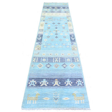 Tribal & Geometric Wool Hand Knotted Rug Blue Light Blue 2.8X10.11 -O074690