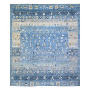 Tribal & Geometric Wool Hand Knotted Rug Blue Light Blue 8.2X9.7 -O074691