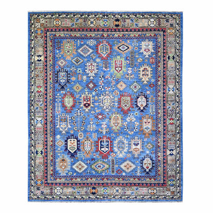 Tribal & Geometric Wool Hand Knotted Rug Blue Gray 8.4X9.9 -O074696