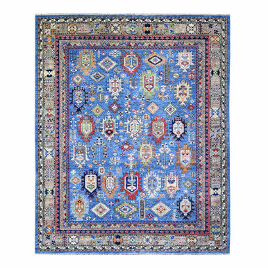Tribal & Geometric Wool Hand Knotted Rug Blue Gray 8.4X9.9 -O074696