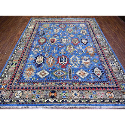 Tribal & Geometric Wool Hand Knotted Rug Blue Gray 8.4X9.9 -O074696