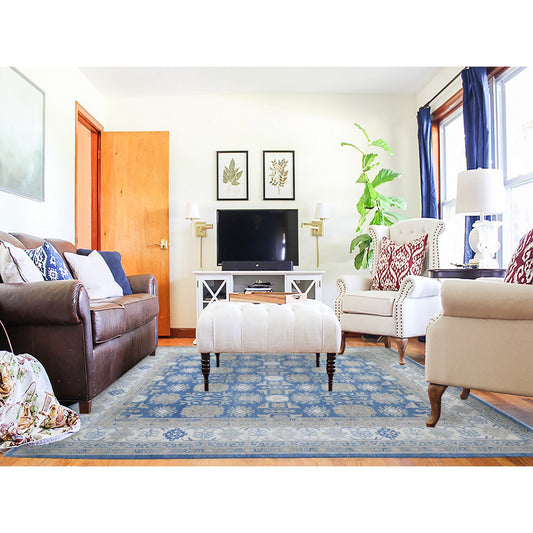 Kazak Wool Hand Knotted Rug Blue Ivory 7.8X9.7 -O074725