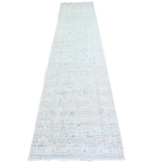 Oushak And Peshawar Wool Hand Knotted Rug Grey Ivory 2.8X12.2 -O074778