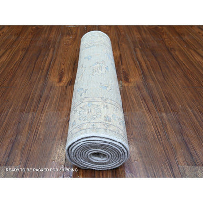 Oushak And Peshawar Wool Hand Knotted Rug Grey Ivory 2.8X12.2 -O074778