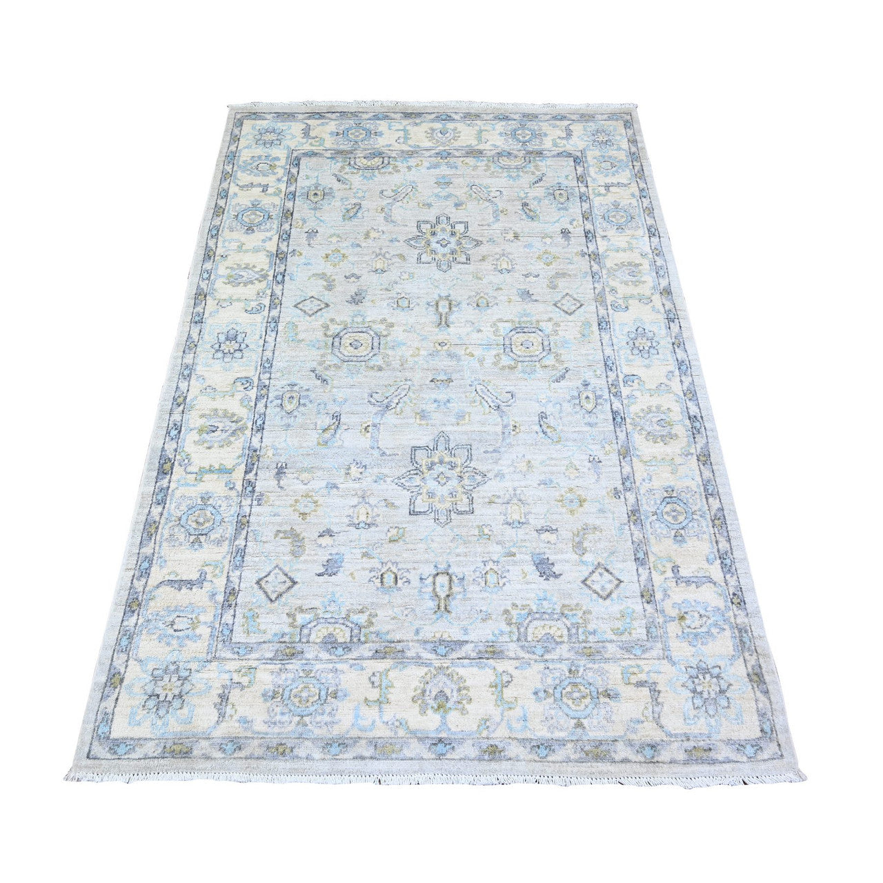 Oushak And Peshawar Wool Hand Knotted Rug Grey Stone White 3.11X5.9 -O074784