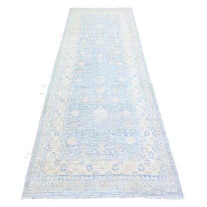 Khotan and Samarkand Wool Hand Knotted Rug Grey Polar Bear Ivory 3.8X10.2 -O074787