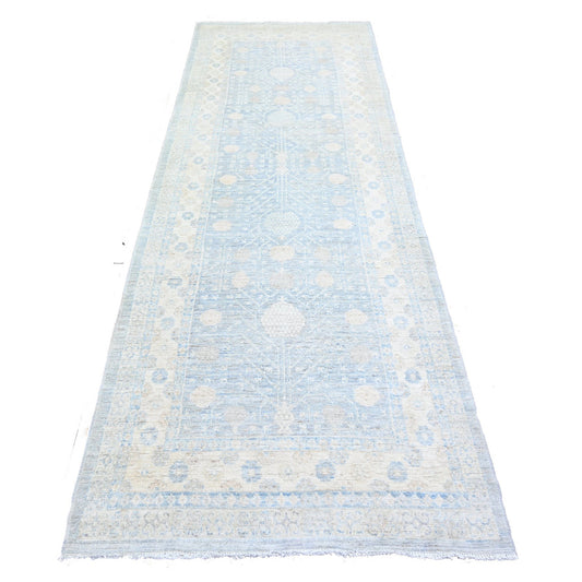 Khotan and Samarkand Wool Hand Knotted Rug Grey Polar Bear Ivory 3.8X10.2 -O074787