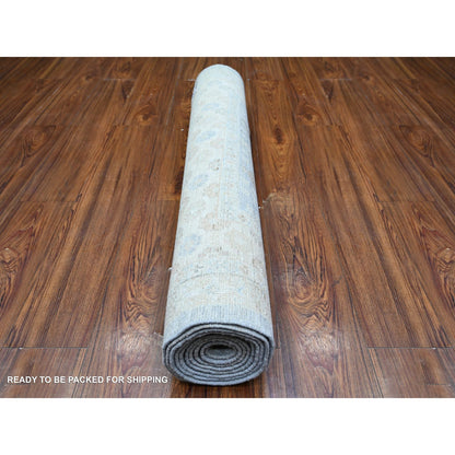 Khotan and Samarkand Wool Hand Knotted Rug Grey Polar Bear Ivory 3.8X10.2 -O074787