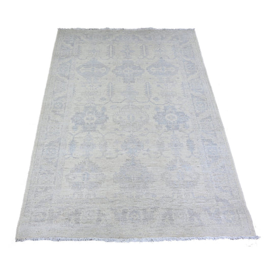 Oushak And Peshawar Wool Hand Knotted Rug Ivory Gray 4.1X5.8 -O074788