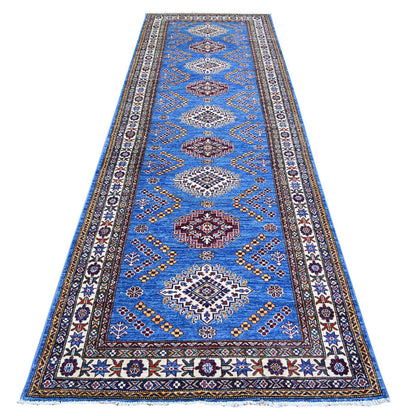 Kazak Wool Hand Knotted Rug Blue Ivory 4.0X11.6 -O074793