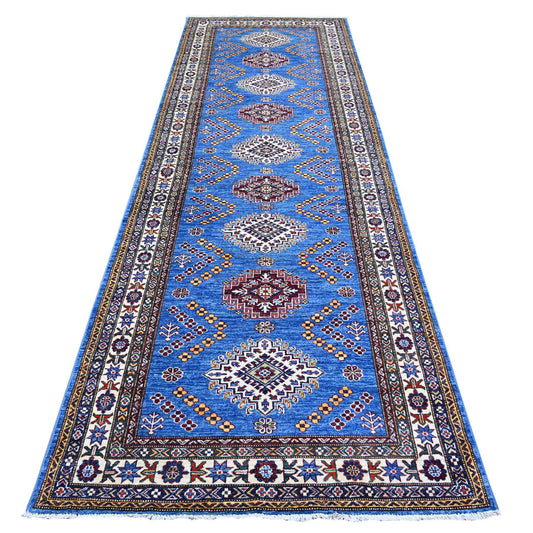 Kazak Wool Hand Knotted Rug Blue Ivory 4.0X11.6 -O074793