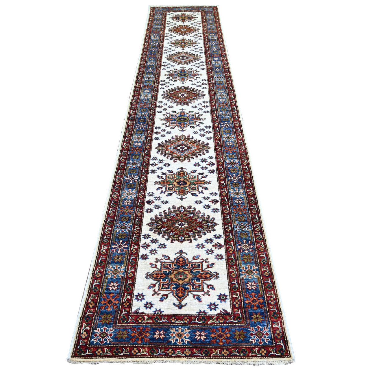 Ivory 2'7" x 12'10" Kazak Hand knotted Wool Rug - Sku: O074812