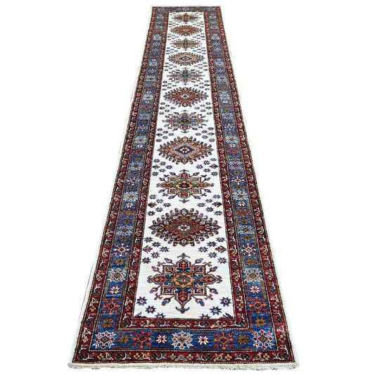 Kazak Wool Hand Knotted Rug Ivory Blue 2.7X12.10 -O074812