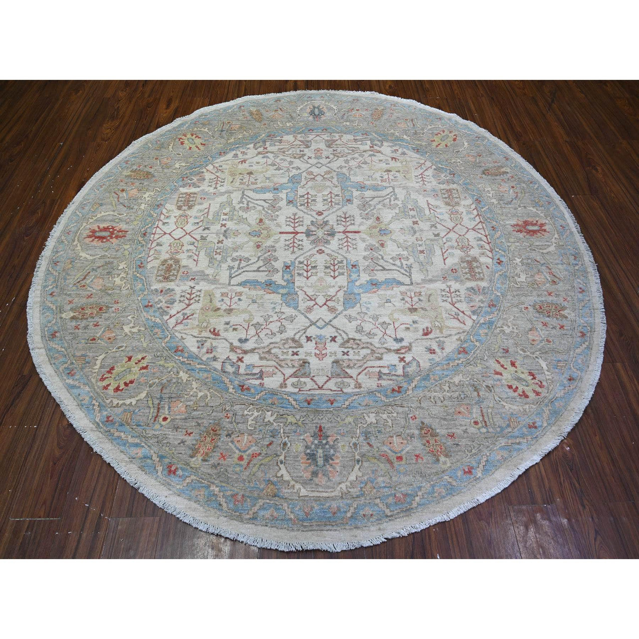 Oushak And Peshawar Wool Hand Knotted Rug Ivory Gray 7.11X8.0 -O074821