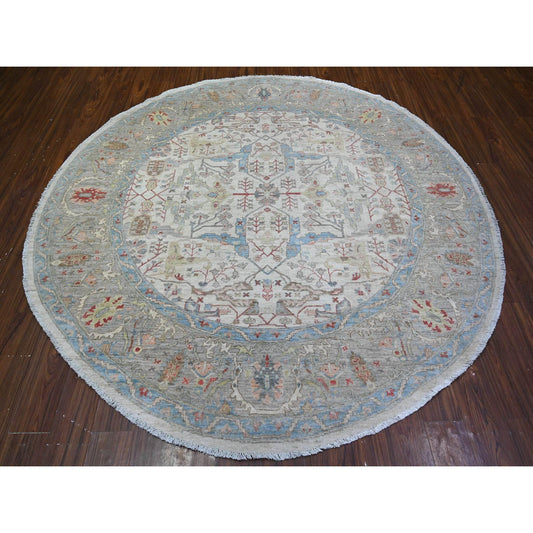 Oushak And Peshawar Wool Hand Knotted Rug Ivory Gray 7.11X8.0 -O074821