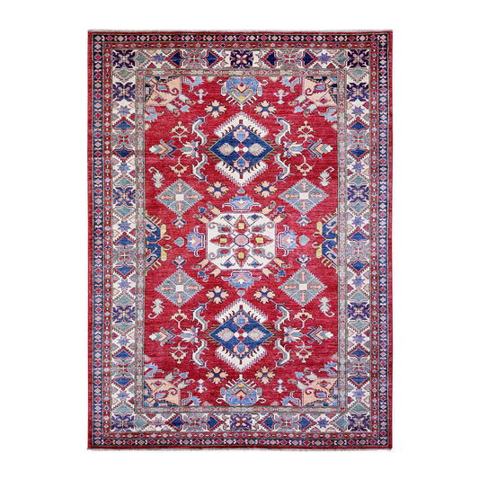 Tribal & Geometric Wool Hand Knotted Rug Red Ivory 7.0X9.8 -O074828
