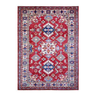 Tribal & Geometric Wool Hand Knotted Rug Red Ivory 7.0X9.8 -O074828