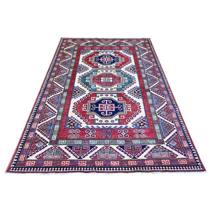 Tribal & Geometric Wool Hand Knotted Rug Ivory Red 5.9X8.0 -O074839