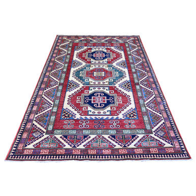 Tribal & Geometric Wool Hand Knotted Rug Ivory Red 5.9X8.0 -O074839