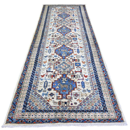 Tribal & Geometric Wool Hand Knotted Rug Ivory Gray 4.2X11.4 -O074845