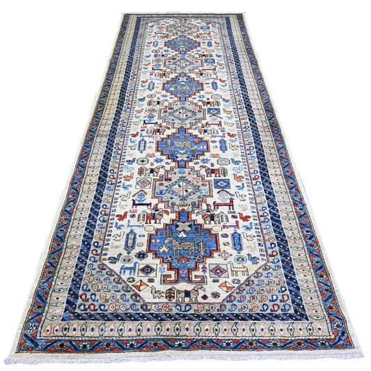 Tribal & Geometric Wool Hand Knotted Rug Ivory Gray 4.2X11.4 -O074845