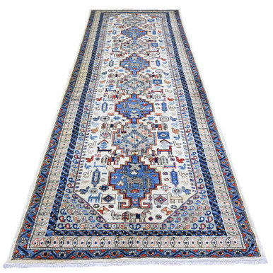 Tribal & Geometric Wool Hand Knotted Rug Ivory Gray 4.2X11.4 -O074845