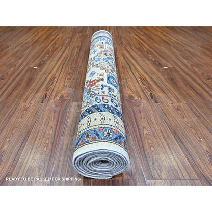 Tribal & Geometric Wool Hand Knotted Rug Ivory Gray 4.2X11.4 -O074845