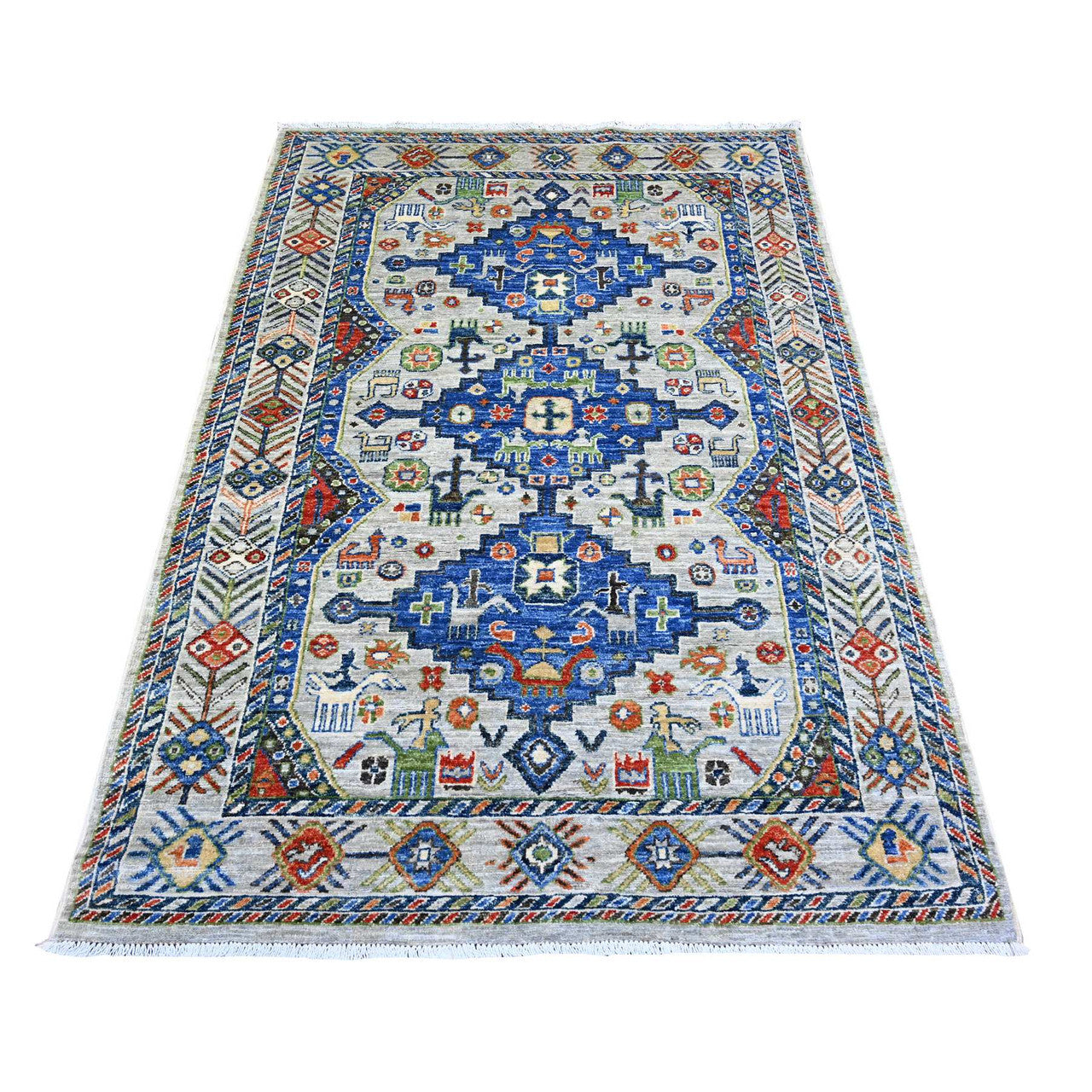 Tribal & Geometric Wool Hand Knotted Rug Grey Gray 4.1X6.2 -O074854
