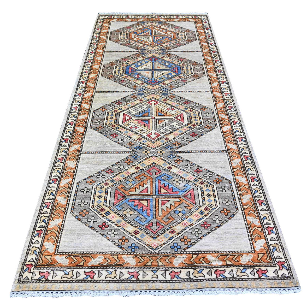 Gray 4'2" x 9'9" Tribal & Geometric Hand knotted Wool Rug - Sku: O074857