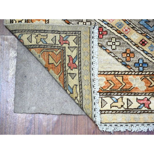 Tribal & Geometric Wool Hand Knotted Rug Grey Orange 4.2X9.9 -O074857