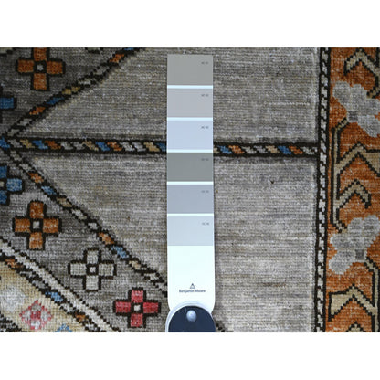 Tribal & Geometric Wool Hand Knotted Rug Grey Orange 4.2X9.9 -O074857