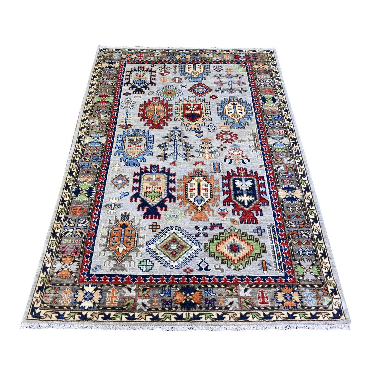 Tribal & Geometric Wool Hand Knotted Rug Grey Gray 3.11X5.11 -O074858